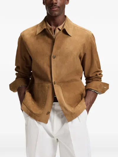 Hugo Boss Tan Button-up Suede Checkered Lining Leather Jacket In Brown