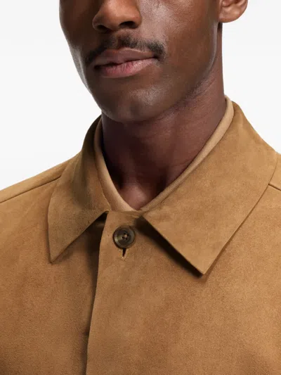 Hugo Boss Tan Button-up Suede Checkered Lining Leather Jacket In Brown