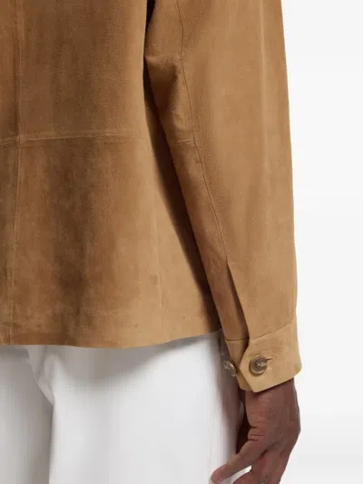 Hugo Boss Tan Button-up Suede Checkered Lining Leather Jacket In Brown