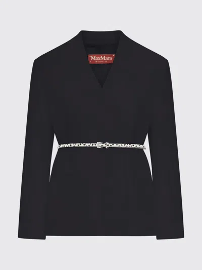 Max Mara Studio Double-breasted Cady Jacket With Belt In Black