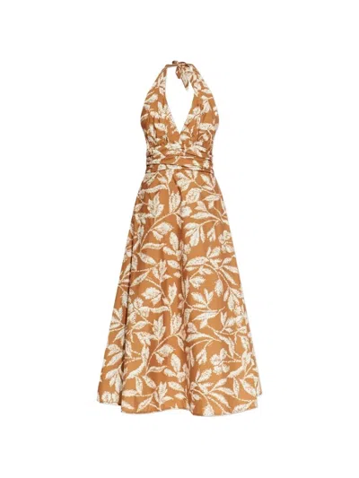 Max Mara Halterneck Printed Cotton Midi Dress In Brown
