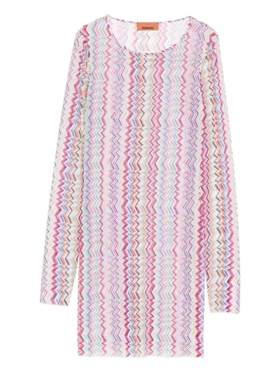 Missoni Midi Dress In Zig Zag Printed Tulle Multicolor 3d Chevron In Multi
