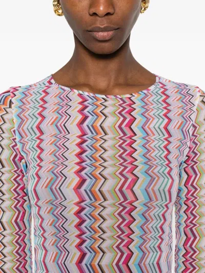 Missoni Midi Dress In Zig Zag Printed Tulle Multicolor 3d Chevron In Multi