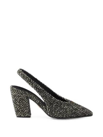 Prada White And Black Slingback Pumps In Chevron Fabric In Gray