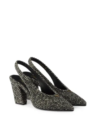 Prada White And Black Slingback Pumps In Chevron Fabric In Gray