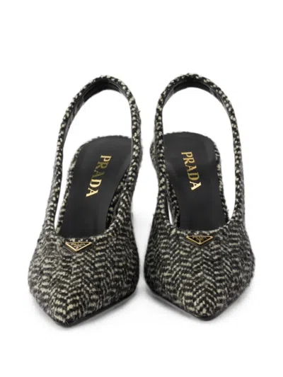 Prada White And Black Slingback Pumps In Chevron Fabric In Gray