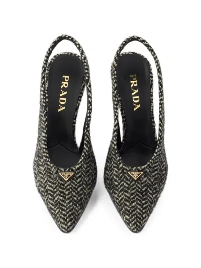 Prada White And Black Slingback Pumps In Chevron Fabric In Gray