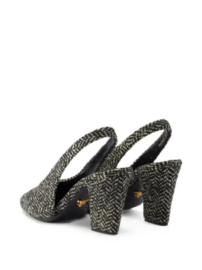 Prada White And Black Slingback Pumps In Chevron Fabric In Gray