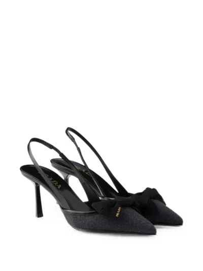 Prada 70 Triangle Logo Leather And Mesh Slingback Pumps In Black