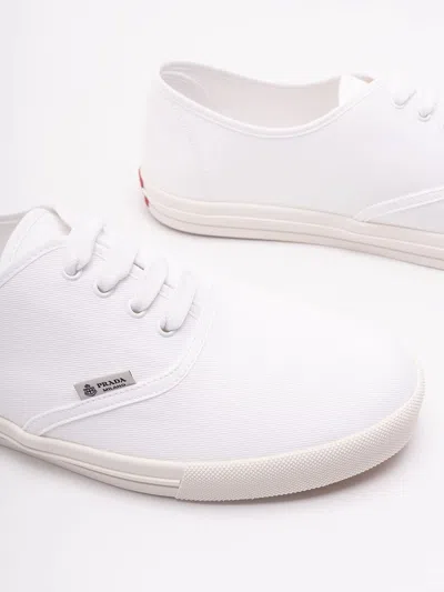 Prada Drill Fabric Low Top Lace Up Sneakers In White
