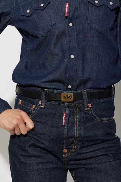 Dsquared2 D2 Plaque Leather Belt In Black