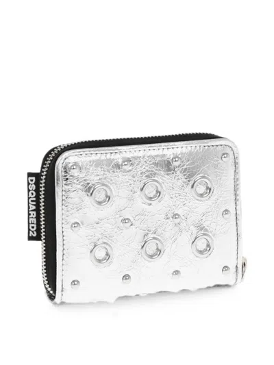 Dsquared2 Craquelé-effect Eyelet-embellished Wallet In Silver