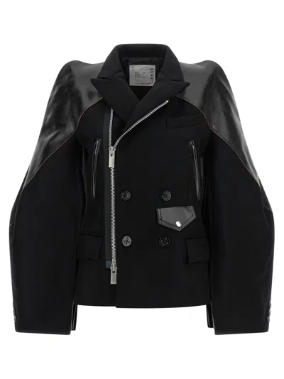 Sacai Leather Panelled Double Breasted Wool Jacket In Black