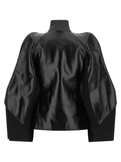 Sacai Leather Panelled Double Breasted Wool Jacket In Black