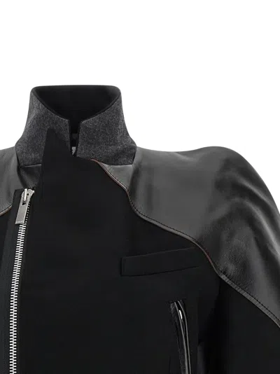 Sacai Leather Panelled Double Breasted Wool Jacket In Black