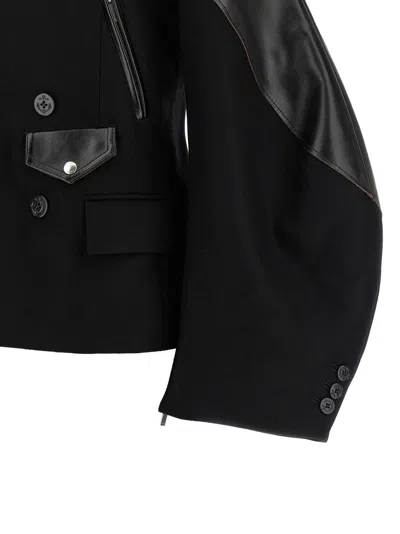 Sacai Leather Panelled Double Breasted Wool Jacket In Black