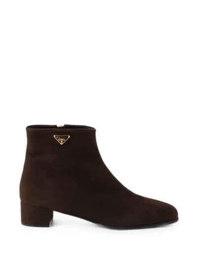 Prada Logo Suede Ankle Boots In Brown
