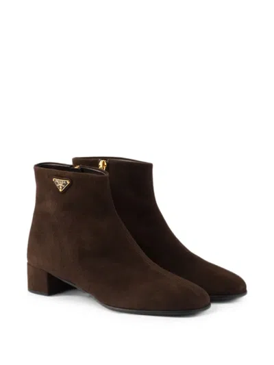 Prada Logo Suede Ankle Boots In Brown