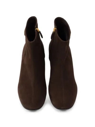 Prada Logo Suede Ankle Boots In Brown