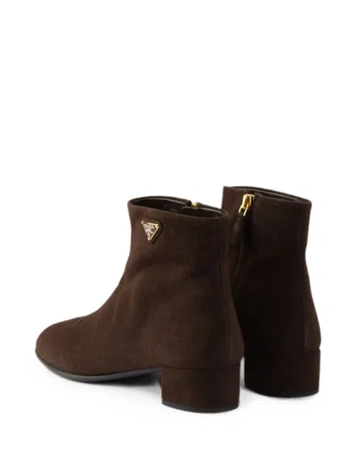 Prada Logo Suede Ankle Boots In Brown