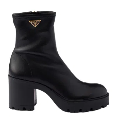 Prada Stretch Leather Platform Ankle Boots In Black