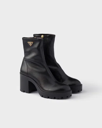 Prada Stretch Leather Platform Ankle Boots In Black