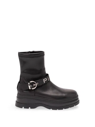 Pinko Ankle Boots With Silver Buckle And Sturdy Sole In Black