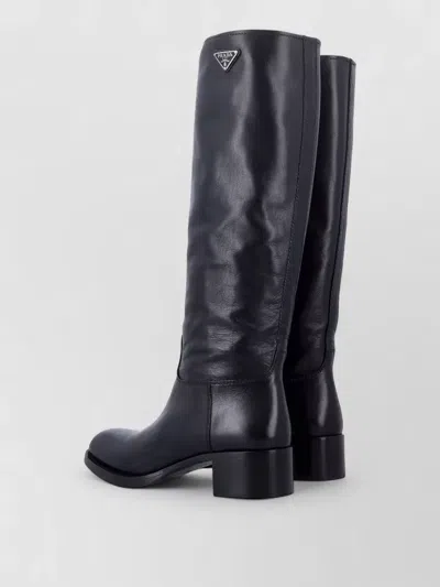 Prada Tall Leather Logo Boots Low Heel In Blue