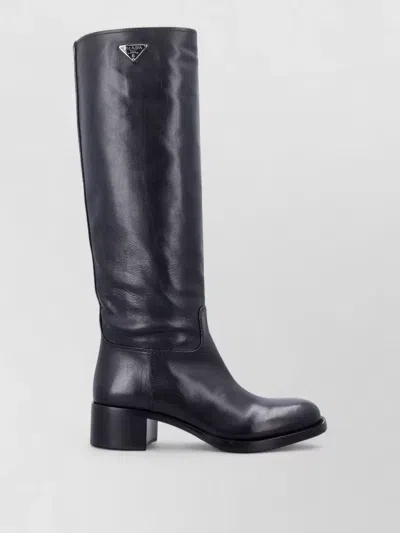 Prada Tall Leather Logo Boots Low Heel In Blue