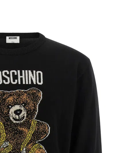 Moschino Virgin Wool Ribbed Crewneck Long-sleeve T-shirt In Black