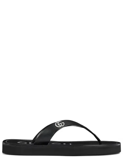 Gucci Black Nappa Leather Platform Thong Sandals With Double G In Black