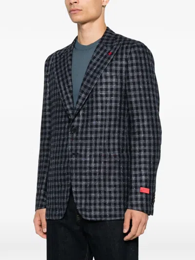 Isaia Gingham-check Notched-lapel Blazer In Black
