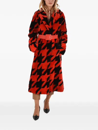 Drome Belted Houndstooth Shearling Coat In Multi