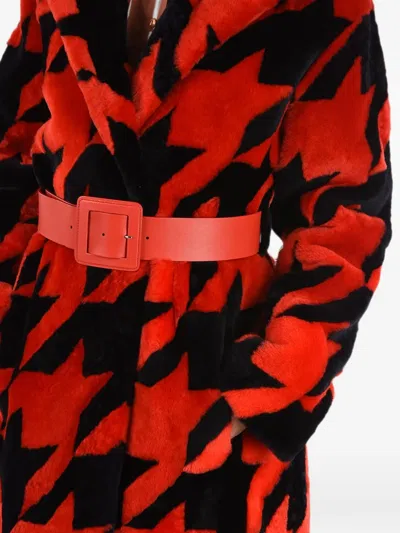 Drome Belted Houndstooth Shearling Coat In Multi