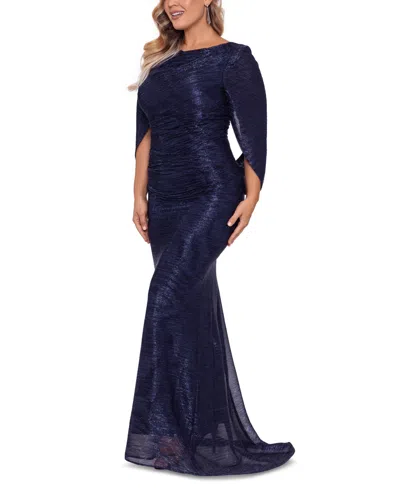 Betsy & Adam Plus Size Drape-back Crinkled Gown In Multi