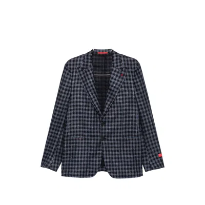 Isaia Gingham-check Notched-lapel Blazer In Blue/black