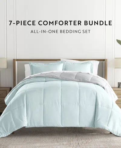 Ienjoy Home Bedding Bundle Reversible Pattern 7-piece Comforter Set, Full In Chambray Aqua,light Gray