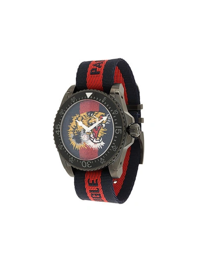 Gucci Navy And Red Web Tiger Dive Watch In Multi