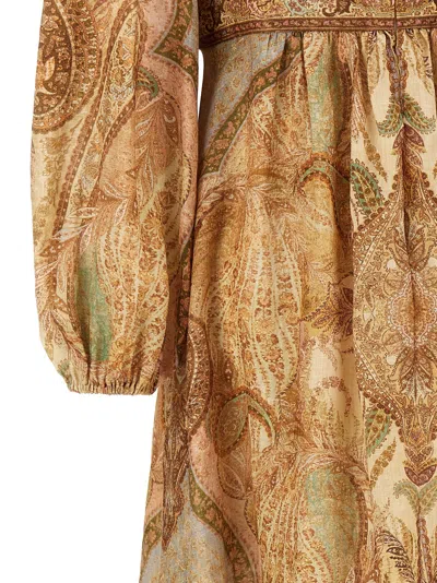 Zimmermann Deep V-neck Rouleau-button Linen Mini Dress With Gathered Waist In Brown