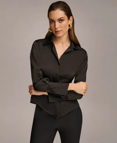Donna Karan Petite Button Front Point Hem Top In Black