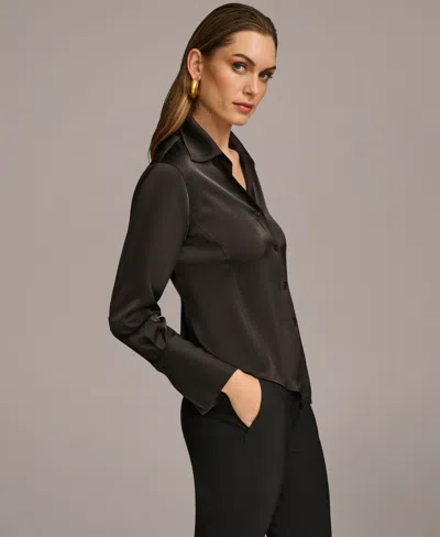 Donna Karan Petite Button Front Point Hem Top In Black