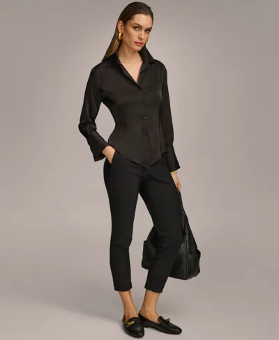 Donna Karan Petite Button Front Point Hem Top In Black
