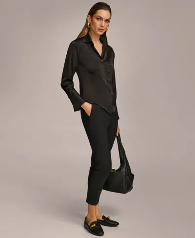 Donna Karan Petite Button Front Point Hem Top In Black