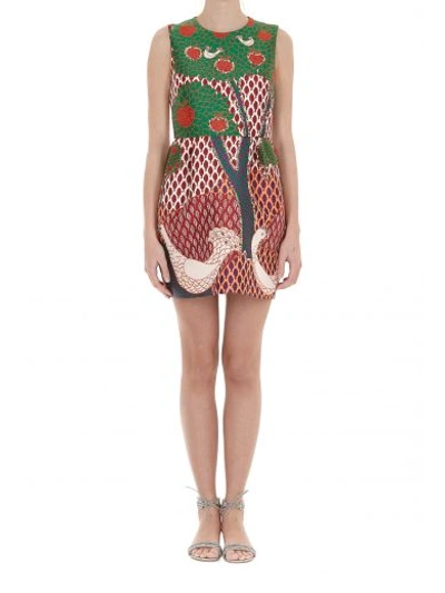 Red Valentino Sleeveless Embellished Multi-patterned Dress, Amarena In Red/green