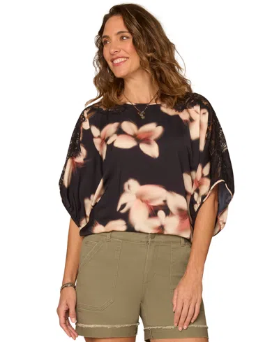 Democracy Petite Floral Print Pull-on Top In Black