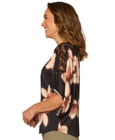 Democracy Petite Floral Print Pull-on Top In Black