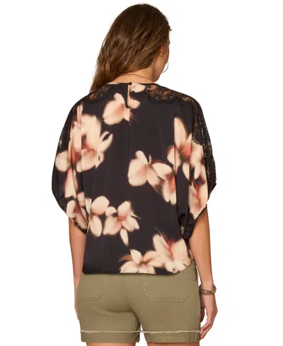 Democracy Petite Floral Print Pull-on Top In Black