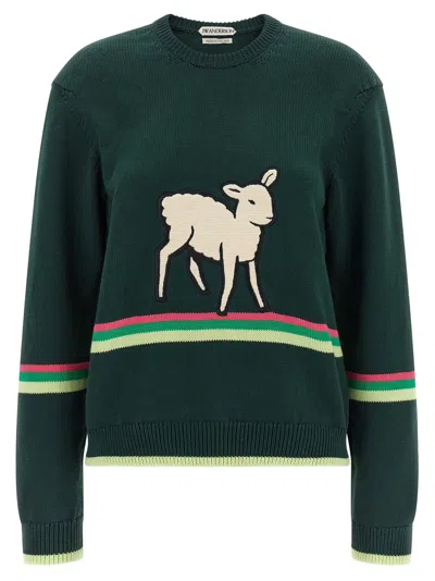 Jw Anderson Sheep Embroidered Striped Cotton Sweater In Green