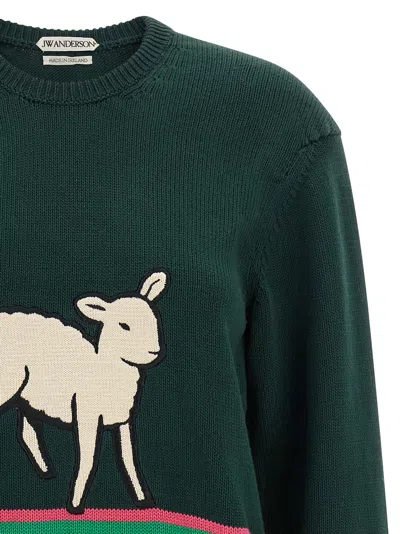 Jw Anderson Sheep Embroidered Striped Cotton Sweater In Green