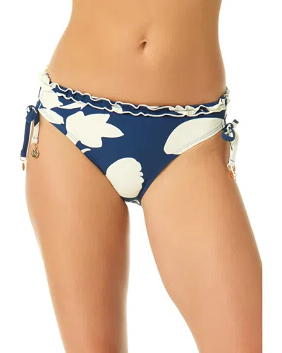 Cece Womens V Neck Contrast Ruffle Triangle Top Pull On Tie Hipster Swim Bottoms In Blue